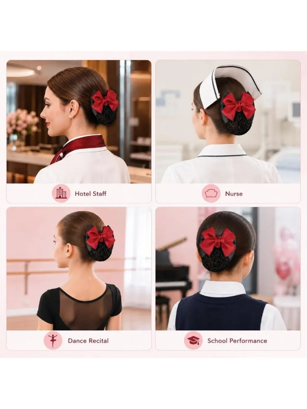 Chic Red Satin Bow Snood & Barrette Set | Non-Slip Mesh Hair Clips for Women